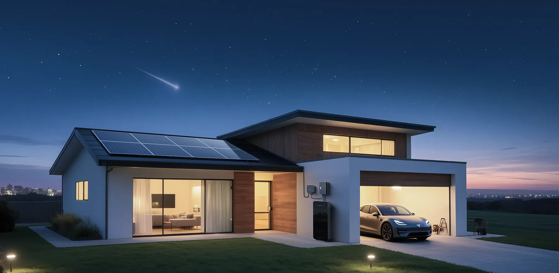 Maison équipée de panneaux solaires et d'un stockage résidentiel, à la tombée de la nuit